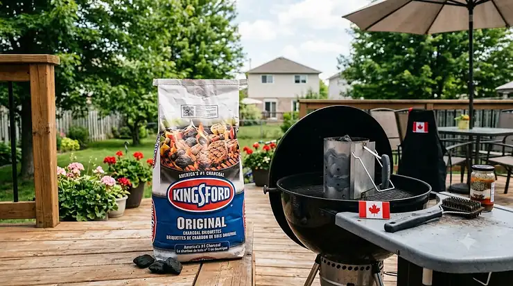 Kingsford Original charcoal briquettes bag next to a lit kettle grill on a Canadian backyard deck. Kingsford charcoal briquettes review