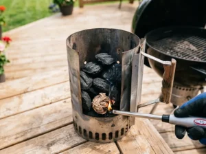 Kingsford charcoal briquettes lighting inside a steel chimney starter during an ignition speed test.