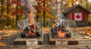 Timeline illustrating low and slow smoking time for ribs using hickory lump charcoal versus mesquite lump charcoal.