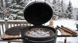 Minimal ash residual left after burning clean lump charcoal for BBQ in a ceramic smoker.
