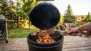 Smoker loaded with premium lump charcoal for BBQ smoking a Canadian pork shoulder at low heat.