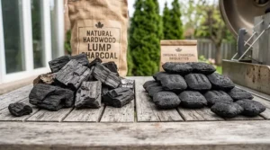 Visual breakdown comparing raw 100% natural Canadian maple lump charcoal chunks with compressed sawdust charcoal briquettes.