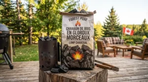 Side-by-side comparison of natural lump charcoal for BBQ and chemical-bound charcoal briquettes.