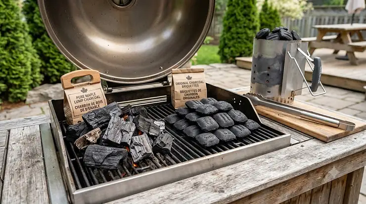 A side-by-side comparison of natural hardwood lump charcoal and uniform charcoal briquettes on a Canadian backyard BBQ grill (charbon de bois vs briquettes de charbon). lump charcoal vs charcoal briquettes for grilling
