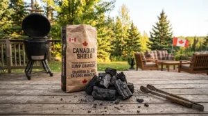 Bag of 100 percent natural lump charcoal for BBQ with bilingual English and French labeling (charbon de bois).