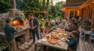 Safety clearance diagram for installing a backyard pizza oven for family gatherings safely away from fences and structures.