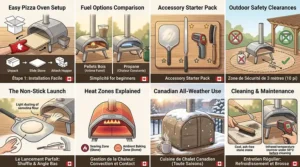 Safety illustration showing proper clearance distances for operating a beginner pizza oven safely on a wooden deck or patio.