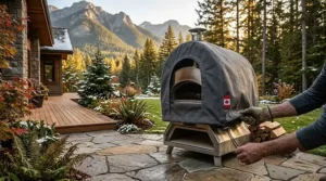 A photorealistic, highly detailed 4K photograph capturing the durable charcoal-grey fabric pizza oven cover being securely pulled down by a gloved hand and a bare hand over the stainless steel base of a outdoor pizza oven, demonstrating the final securing action with the integrated drawstring and toggle on a natural flagstone patio in a snowy Canadian mountain environment.