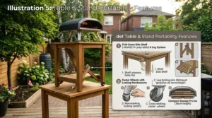 Vector illustration of friends sharing artisan pizzas around a modern table-top pizza oven for small backyard spaces during a bright Canadian summer afternoon.