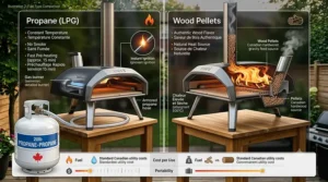 Infographic illustration showing safe layout dimensions and clearance distances for a compact pizza oven for small backyard patios or townhome decks.