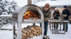 An instructional illustration of a heavy-duty weatherproof cover protecting an outdoor pizza oven from Canadian winter ice and snow.