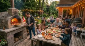 A lightweight, portable pizza oven under $500 next to a cottage lake dock, perfect for Canadian camping trips.