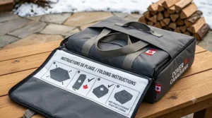 A photorealistic, 4K photograph of a grey durable canvas carry bag with integrated heavy-duty handles, unzipped and opened flat on a natural wood patio table, revealing the specific grey weather-resistant pizza oven cover with carry handles from image_12.png folded neatly inside; the bag's open flap displays clear white instructional graphics on a black panel and English/French text that reads: 'INSTRUCTIONS DE PLIAGE / FOLDING INSTRUCTIONS', with a small Canadian maple leaf flag icon and the logo 'COVER CANADIANA'.