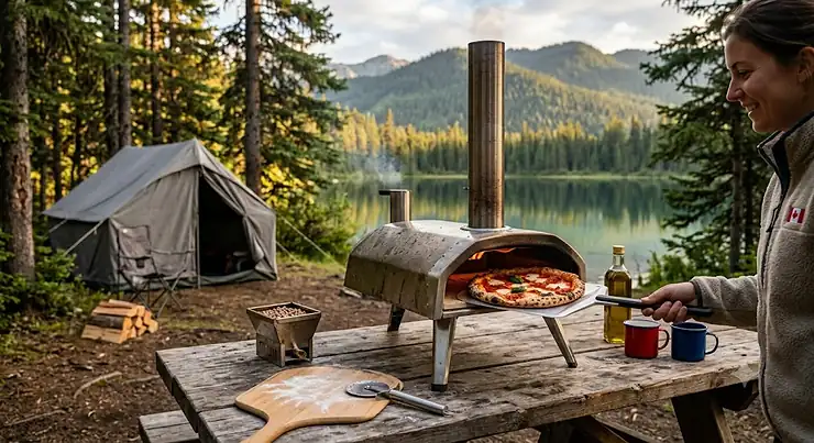 A portable pizza oven for camping set up on a picnic table at a Canadian campsite surrounded by pine trees.