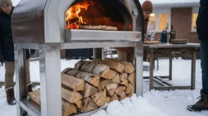 A portable, compact tabletop pizza oven operating efficiently on a snow-covered patio table in Canada.