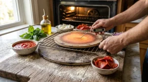 Alt text for image 5: Line art illustration warning against thermal shock, showing a pizza stone preheating slowly inside a cold Canadian kitchen oven to prevent cracking.