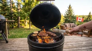 Thick Alberta beef ribeye searing over high-heat hardwood lump charcoal for BBQ.