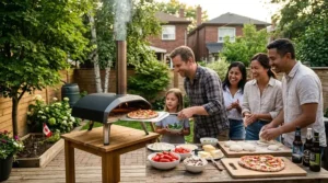 Illustration detailing how to winterize and protect an outdoor pizza oven for small backyard setups during a cold Canadian winter using a heavy-duty waterproof cover.