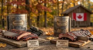 Cross-section of smoked pork ribs displaying the smoke ring formed by hickory lump charcoal versus mesquite charcoal.