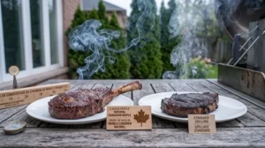 Canadian maple hardwood lump charcoal producing natural smoke flavour on grilled steaks on a patio BBQ.