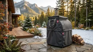 A photorealistic, detailed 4K photograph capturing an outdoor living space during a crisp Canadian mountain winter, centrally featuring a durable charcoal-grey canvas pizza oven cover with interwoven woven fabric carry bag handles fully secured over a small wood-fired oven on a snow-dusted natural flagstone patio, with visible water droplets beading on the surface, consistent with the context from image_0.png, image_2.png, and image_10.png.