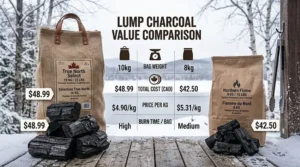 Comparison of bag size and burn value for natural hardwood lump charcoal under $50 CAD in Canada.