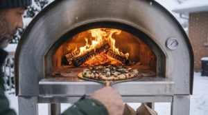 An illustration outlining safe outdoor placement for a pizza oven during a Canadian winter, with subtle English and French safety icon cues.