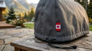 A high-detail, photorealistic close-up photograph capturing the textured, dark charcoal-grey heavy-duty canvas fabric of a premium pizza oven cover, complete with an embroidered red maple leaf Canadian flag emblem on a small side patch, resting outdoors on a weather-beaten cedar wood plank surface with natural daylight.