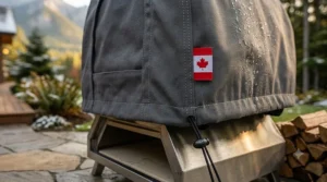 A high-resolution, 4K photorealistic close-up photograph of a heavy-duty, charcoal-grey pizza oven cover (as seen in image_6.png), focusing on the reinforced bottom seam where a bare hand is tightening a black polymer drawstring toggle around the durable, double-stitched fabric that is cinched tightly against the polished stainless steel base of the outdoor pizza oven, with a fine spray of natural water beads visibly repel on the surface.