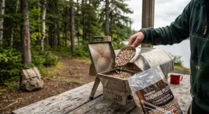 Adding hardwood pellets to a portable pizza oven for camping during a weekend trip in Algonquin Park.