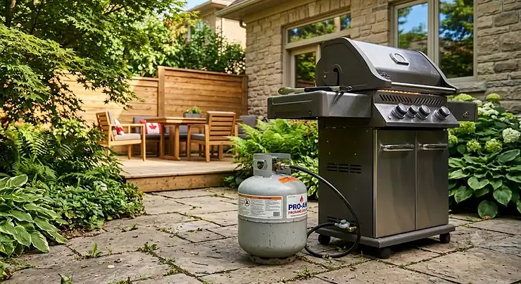 A standard 20 lb propane tank connected to a backyard BBQ grill on a patio during Canadian patio season.