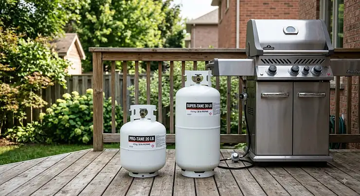 Side-by-side visual comparison of a 20 lb and 30 lb propane tank next to a standard outdoor barbecue grill on a Canadian backyard deck. 20 lb vs 30 lb propane tank for grilling