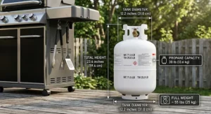 Detailed graphic illustrating the height, weight, and capacity specifications of a 30 lb propane tank used for heavy-duty grilling and Canadian summer cookouts.