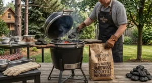 Additive-free natural hardwood briquettes for smokers resting beside smoked beef brisket on a Canadian wooden carving board.