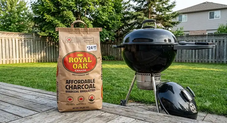 A bag of affordable charcoal briquettes under $30 CAD sitting beside a kettle grill in a Canadian backyard.