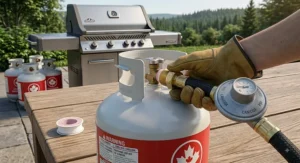 Connecting a QCC1 propane hose and regulator kit to a standard 20-pound Canadian propane tank