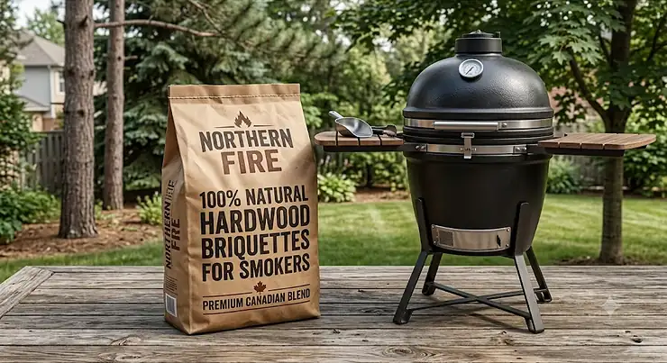 A bag of 100 percent natural hardwood briquettes for smokers sitting beside a smoker grill on a Canadian backyard deck.