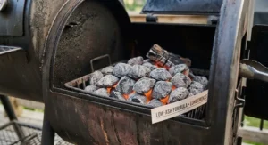 Close-up of low-ash competition-grade charcoal briquettes designed for long BBQ smokes.