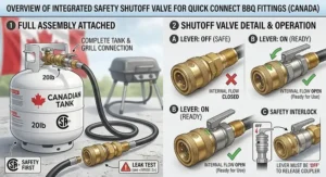 Overview of a quick connect propane fitting featuring an integrated safety shutoff valve for outdoor grills.