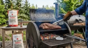 Smoked beef brisket prepared on a grill using competition-grade charcoal briquettes.