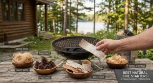 Comparison of different natural fire starters for charcoal BBQ including wood wool pinecones and birch bark.