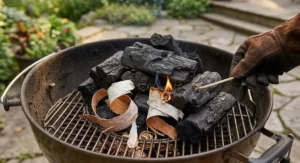 Canadian birch bark strips used as a quick natural fire starter for charcoal BBQ grilling.