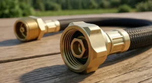 Close-up of solid brass fittings on a durable propane hose and regulator kit