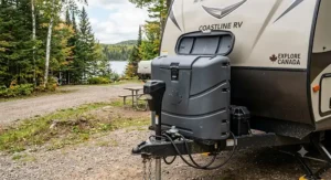 Moulded double propane tank cover protecting camper cylinders during Canadian outdoor travel