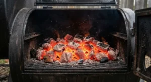 Glowing red natural hardwood briquettes for smokers made from Canadian sugar maple wood inside a smoker firebox.
