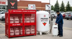 Visual guide showing the ease of propane cylinder exchange and refill availability for 20 lb and 30 lb tanks across Canadian retail locations.