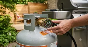 Illustration showing a fuel level gauge attached to a 20 lb propane tank for a BBQ.