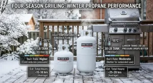 Summary decision chart comparing cost, portability, runtime, and clearance for 20 lb versus 30 lb propane tanks for outdoor grilling.