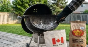 Clearing out clean ash after cooking with charcoal briquettes under $30 CAD in a Canadian backyard.