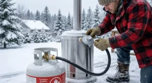 Testing a heavy-duty propane hose and regulator kit on a patio heater during Canadian winter